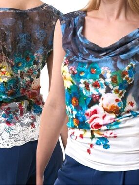 Leo Guy Floral Watercolor Cowl Neck Lace Back Sleeveless Top (M)